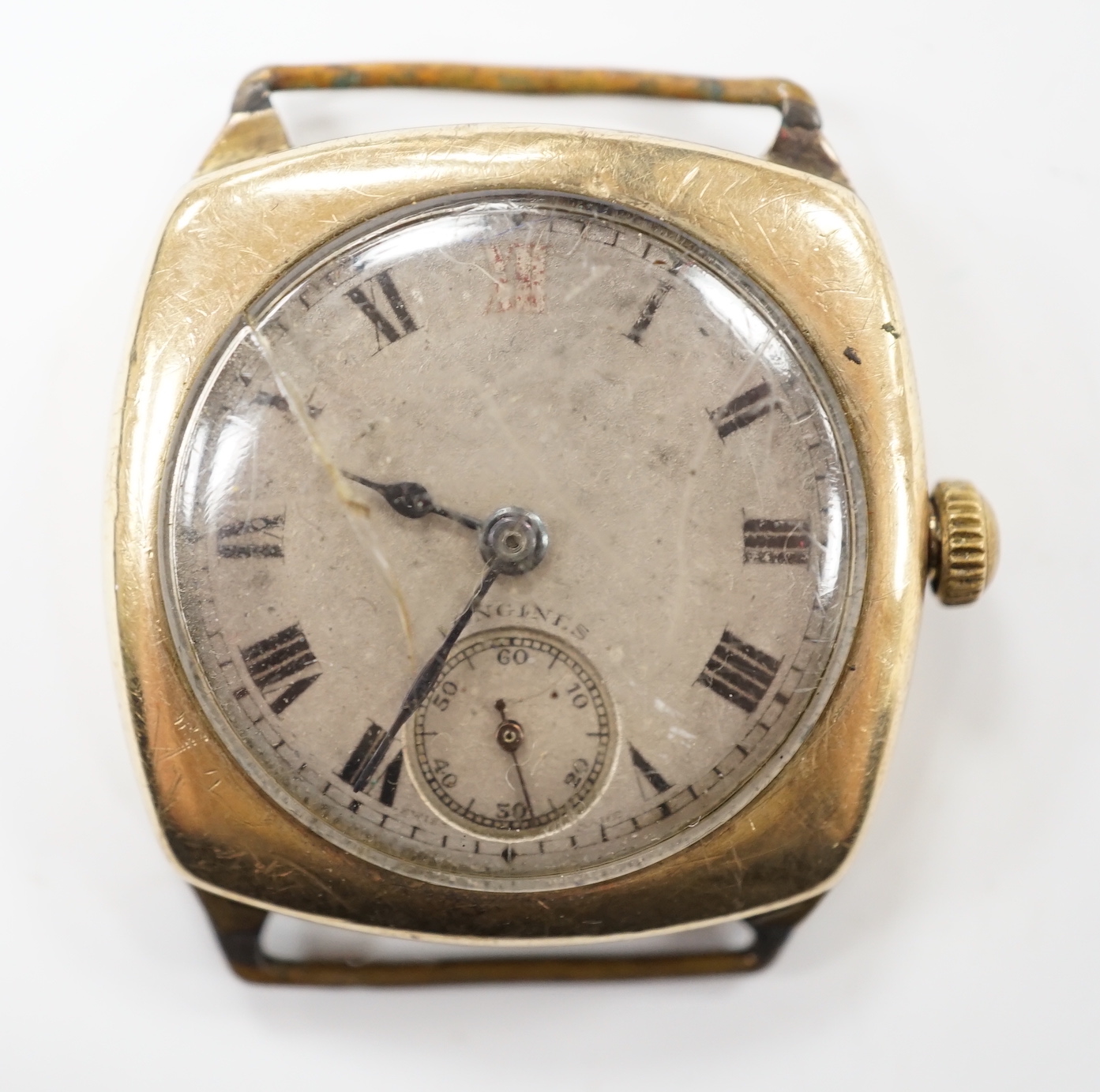 A gentleman's 1930's 9ct gold Longines manual wind wrist watch, with Roman dial, subsidiary seconds and case back inscription, no strap.
